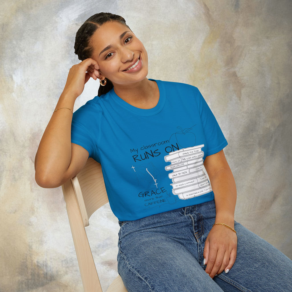 Teacher T-Shirt — “My Classroom Runs On Grace, Love & Prayer” Graphic Tee