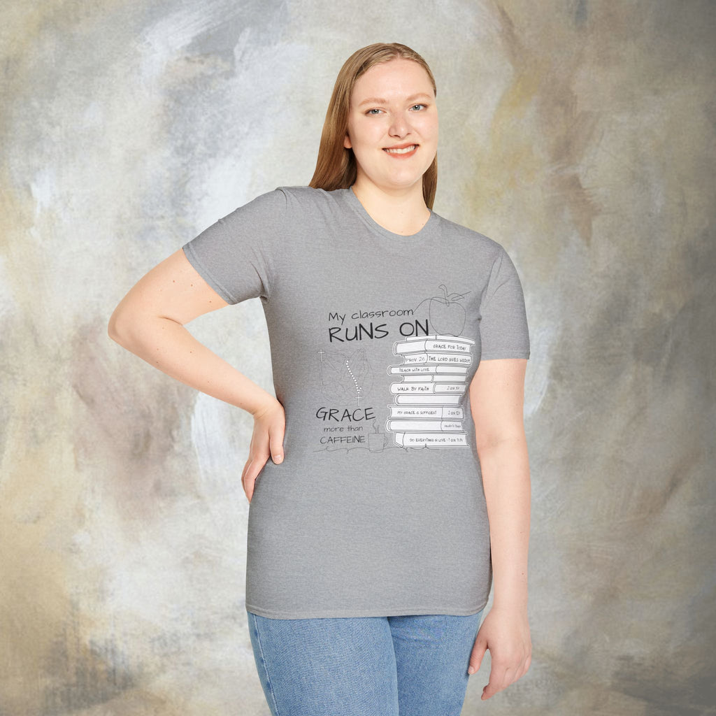 Teacher T-Shirt — “My Classroom Runs On Grace, Love & Prayer” Graphic Tee