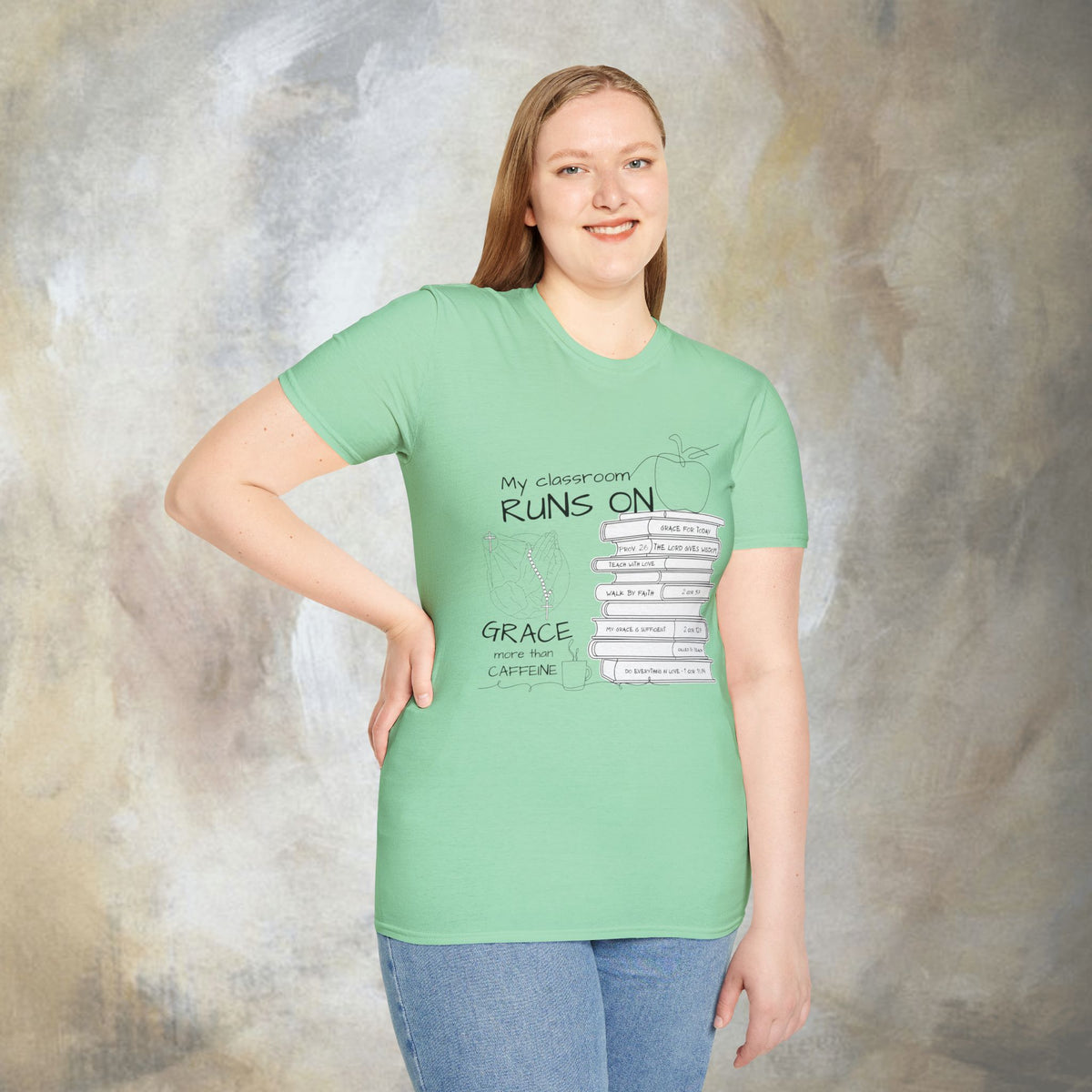 Teacher T-Shirt — “My Classroom Runs On Grace, Love & Prayer” Graphic Tee