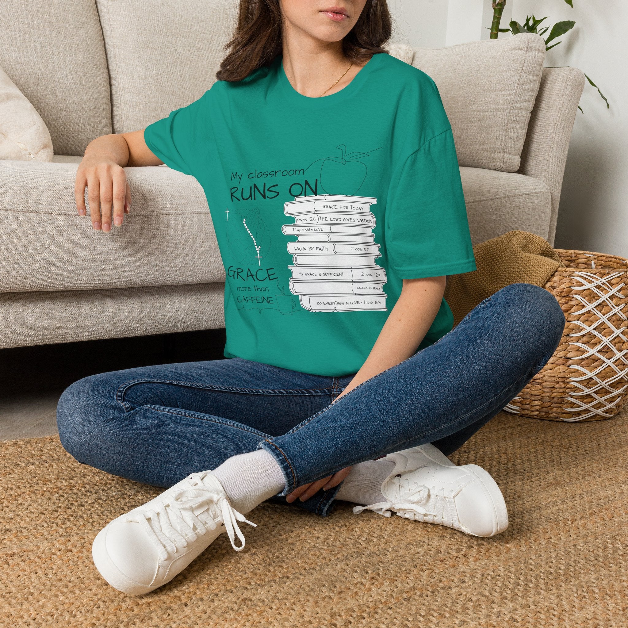 Teacher T-Shirt — “My Classroom Runs On Grace, Love & Prayer” Graphic Tee