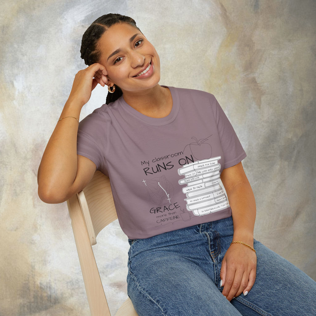 Teacher T-Shirt — “My Classroom Runs On Grace, Love & Prayer” Graphic Tee